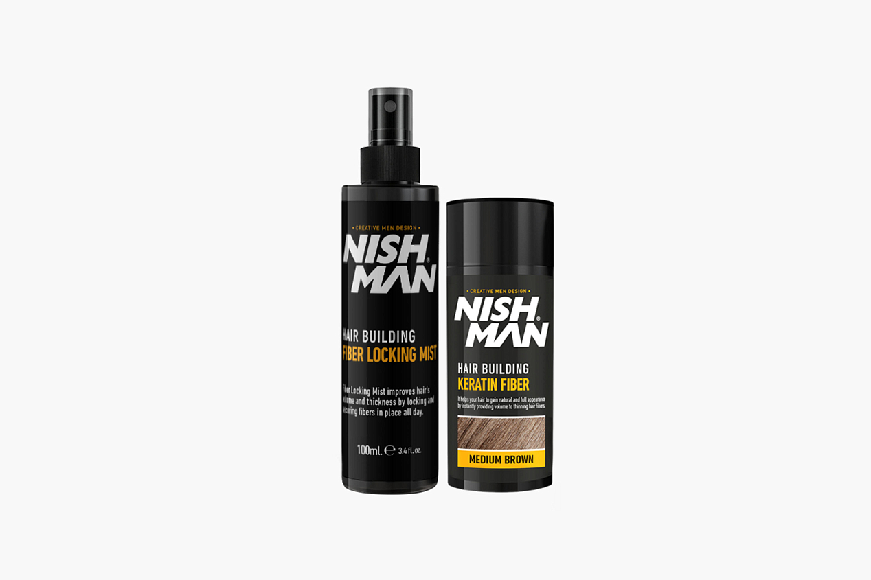 Nishman Hair Building Keratin Fiber & Locking Mist Spray Set (Medium Brown)