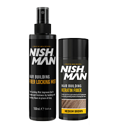 Nishman Hair Building Keratin Fiber & Locking Mist Spray Set (Medium Brown)